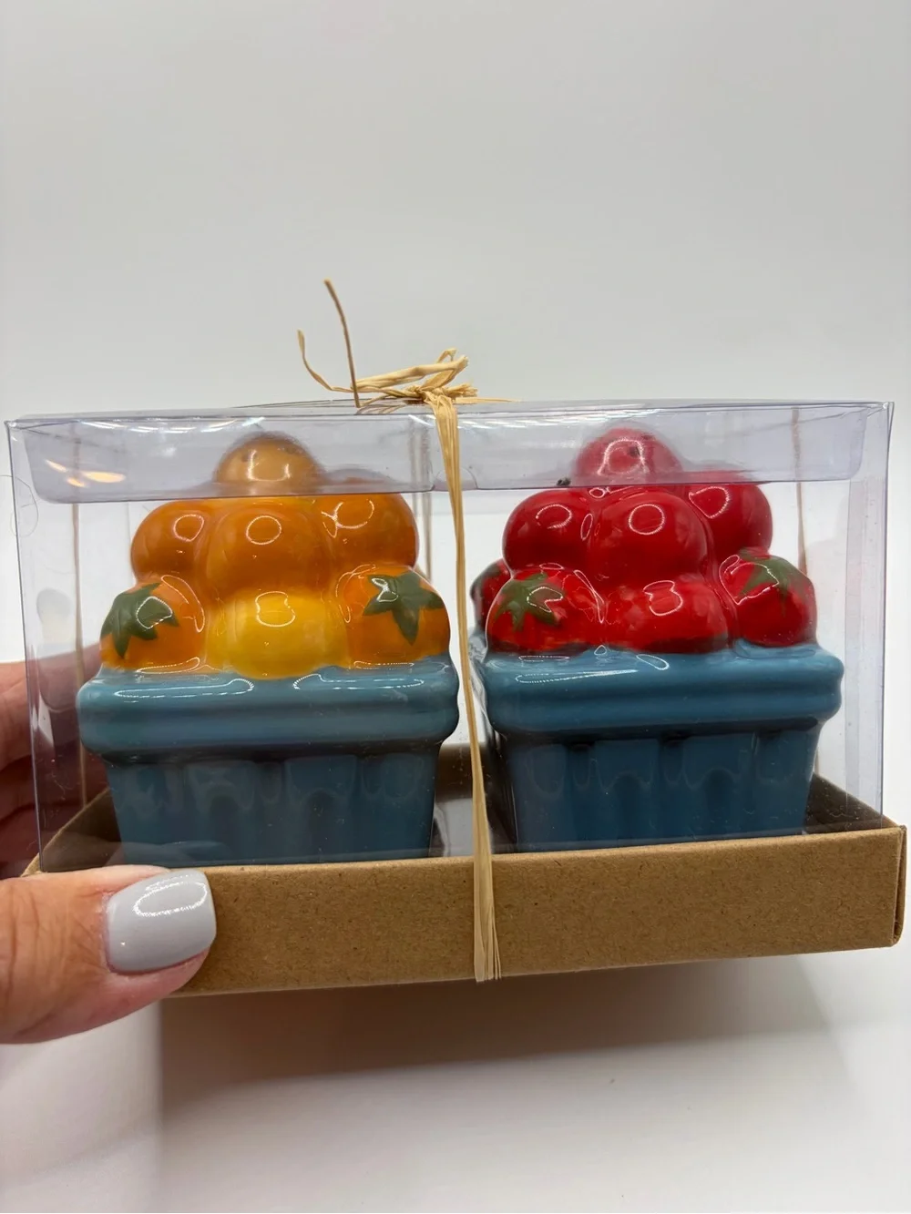 Tag Ceramic Fruit Salt & Pepper Shakers - Red & Yellow with Blue Bases